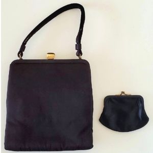 1950s LEWIS Black Silk Bag Clutch Purse Vintage Crown Jeweled Closure EUC